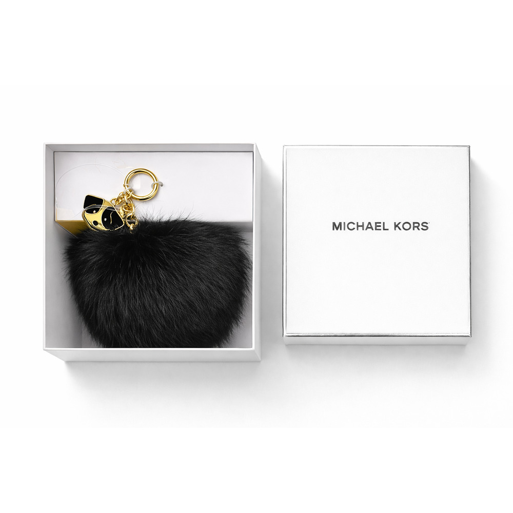 NWT - MICHAEL Kors Large Real Fur Black Pom Pom Key Fob Bag Charm in Gift Box